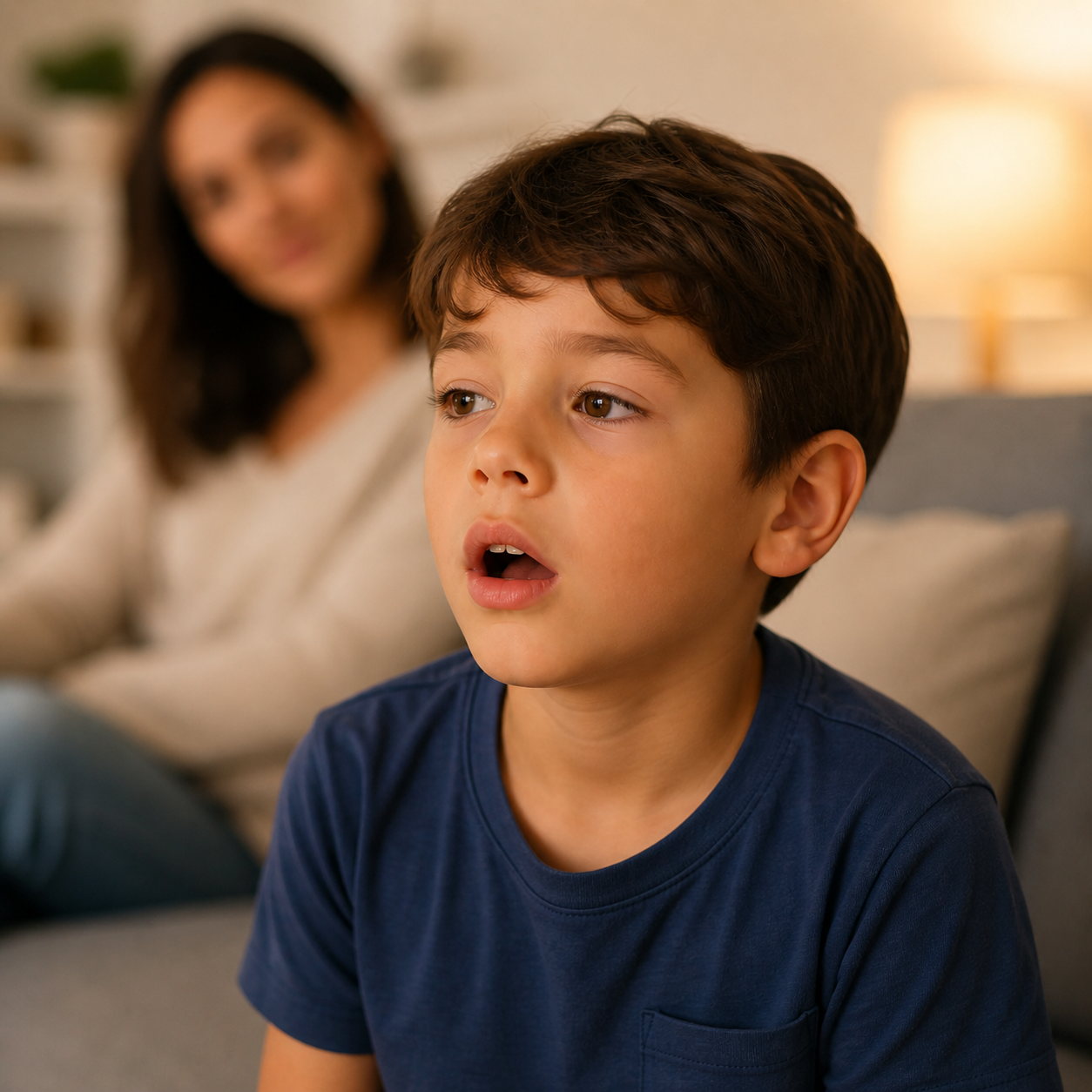 Criança com respiração bucal infantil em ambiente doméstico, com responsável ao fundo