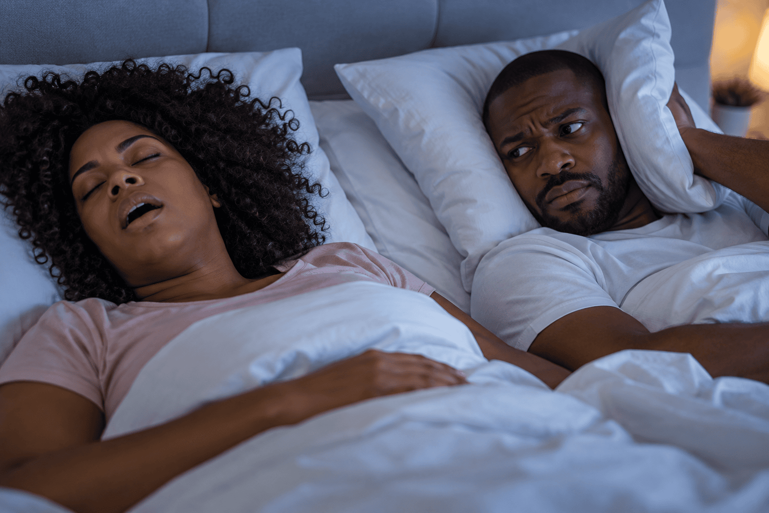 Casal na cama onde um ronca e o outro não consegue dormir — sinal de apneia do sono em Piracicaba