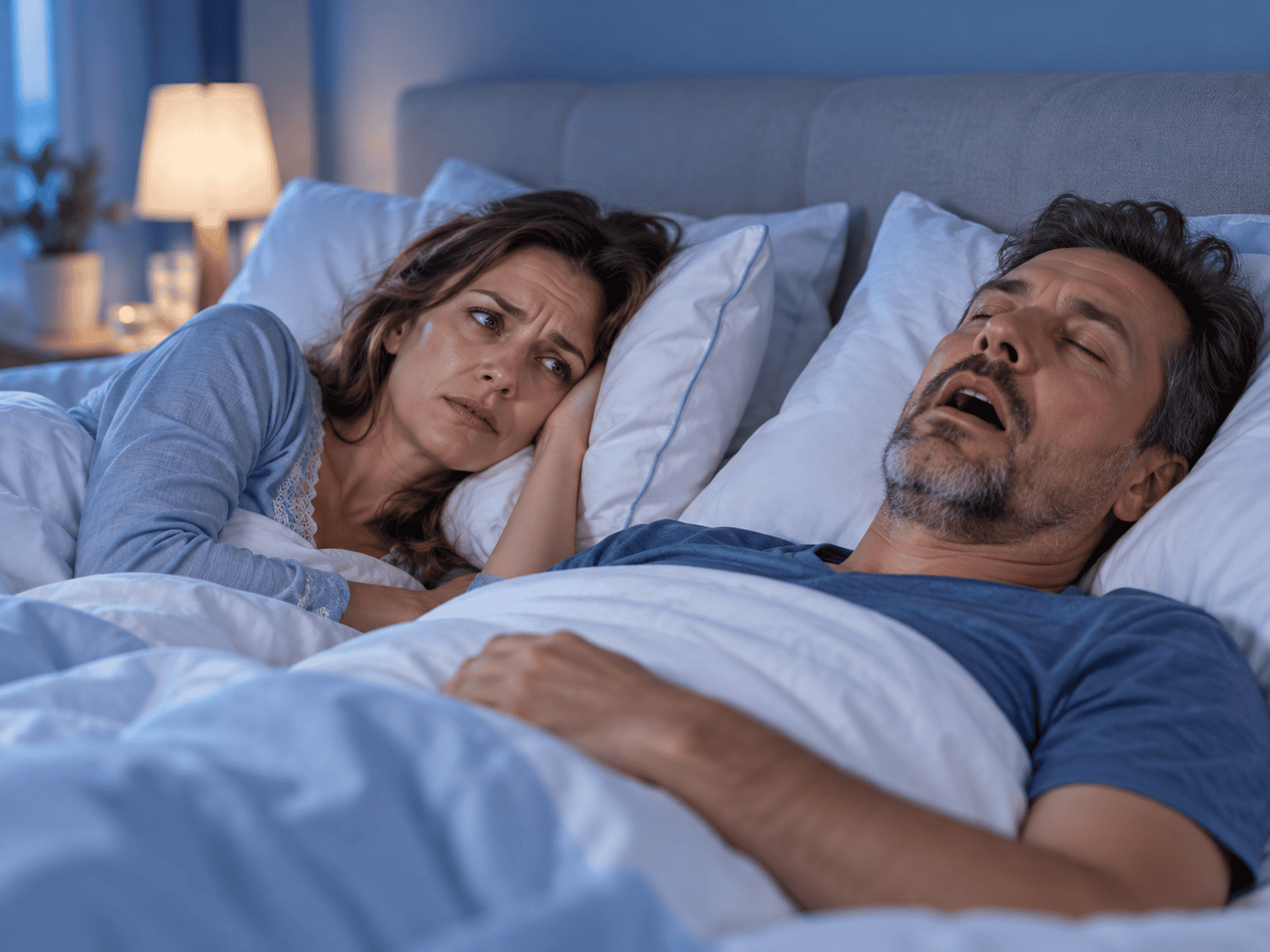 Casal na cama com ronco noturno — diferença entre ronco simples e apneia do sono